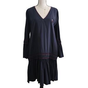 GANNI Navy Blue Poplin Midi Dress M Ruffle Embroidered Boho Luxury Minimalist